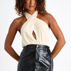 Lulus Jamison Cream Jersey Knit Cross-front Halter Bodysuit White - Size S
